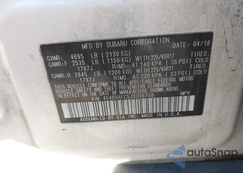 2018 Subaru Outback 2.5I Premium из США, поврежденный, VIN 4S4BSAFC5J3356708